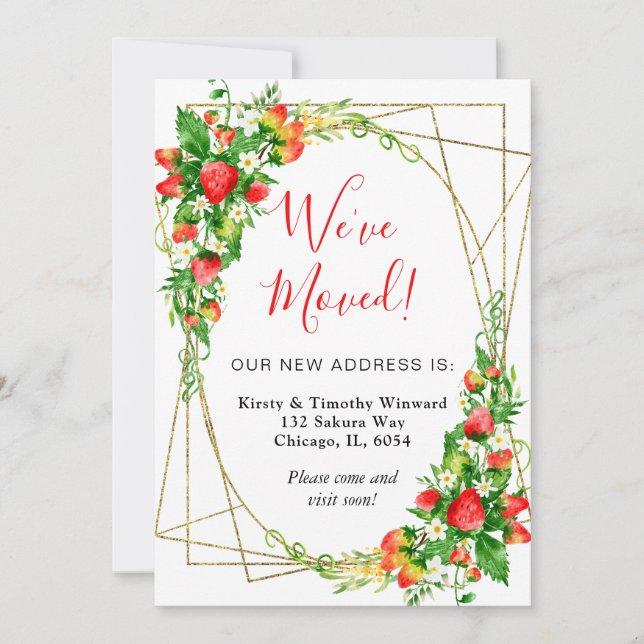 Watercolor Floral Strawberries Frame We've Moved Announcement (Front)