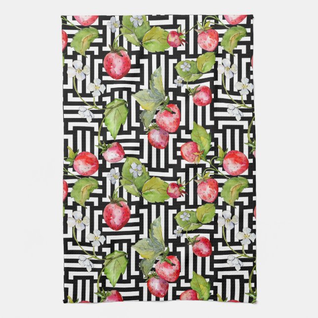 Watercolor Floral Strawberry Geometric Pattern Tea Towel (Vertical)