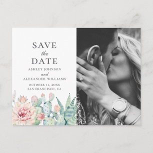 Watercolor floral succulent. Cactus Save the Date Postcard