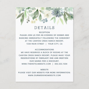 Watercolor Floral Succulent Wedding Details Card