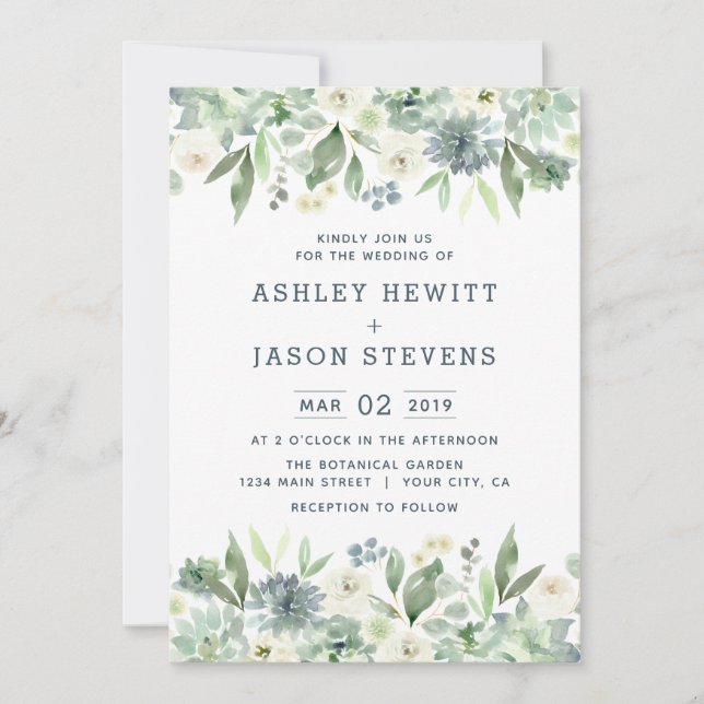 Watercolor Floral Succulent Wedding Invitations (Front)