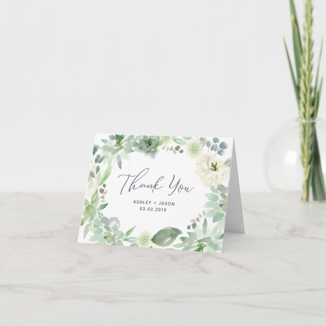 Watercolor Floral Succulent Wedding Thank You Card (Front)