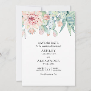 Watercolor floral succulents. Green & blue cactus Save The Date