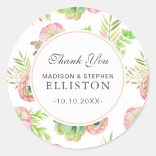 Watercolor Floral & Succulents   Thank You Classic Round Sticker