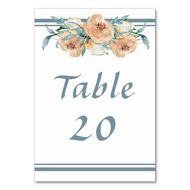 Watercolor Floral Summer Wedding Blue Green Table Number (Front)