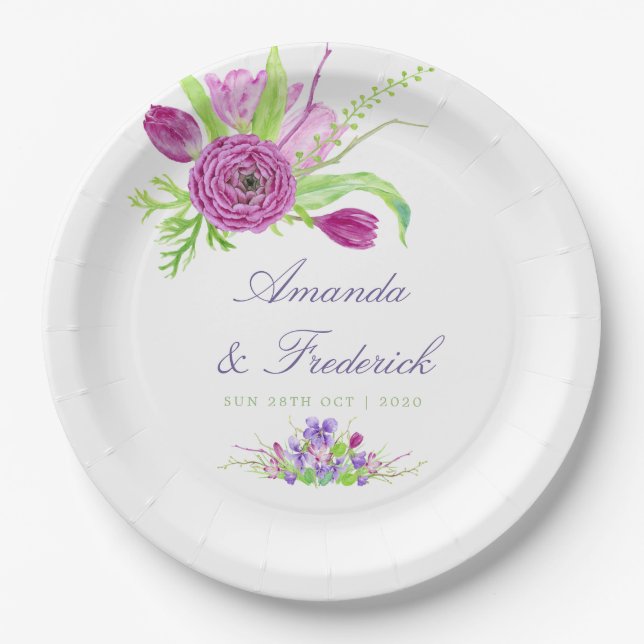 Watercolor Floral Summer Wedding Paper Plate (Front)