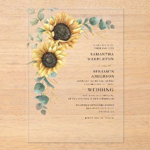 Watercolor Floral Sunflower Eucalyptus Wedding Acrylic Invitations