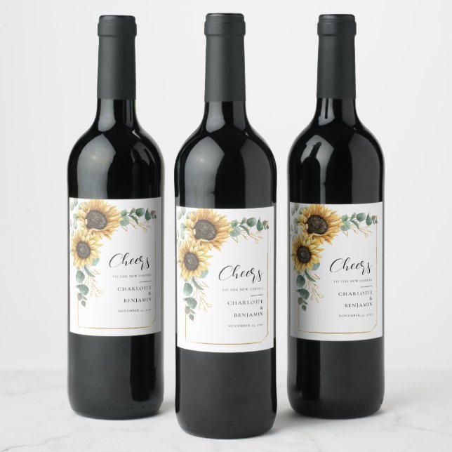 Watercolor Floral Sunflower Eucalyptus Wedding Wine Label (Bottles)