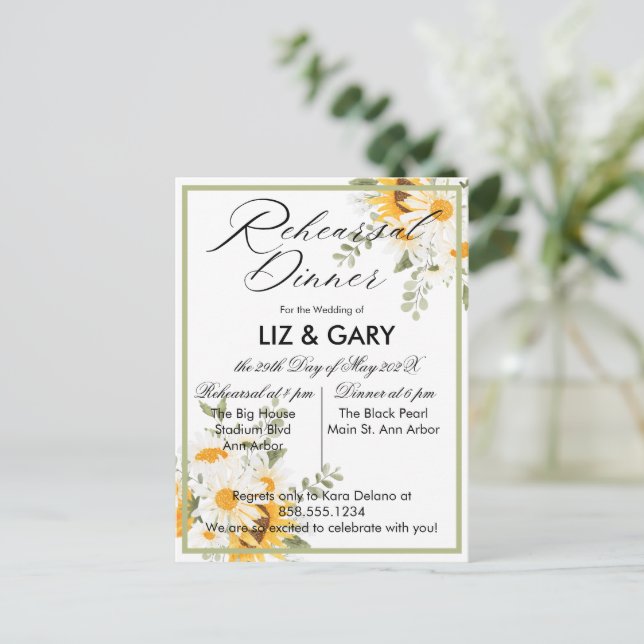 Watercolor Floral Sunflower Rehearsal Dinner  Postcard (Standing Front)