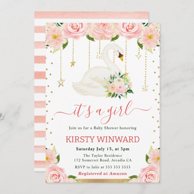 Watercolor Floral Swan Girl Baby Shower Invitation (Front/Back)