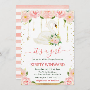Watercolor Floral Swan Girl Baby Shower Invitation