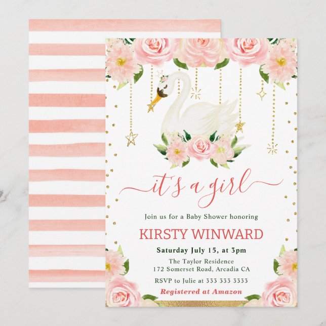 Watercolor Floral Swan Girl Baby Shower Invitation (Front/Back)