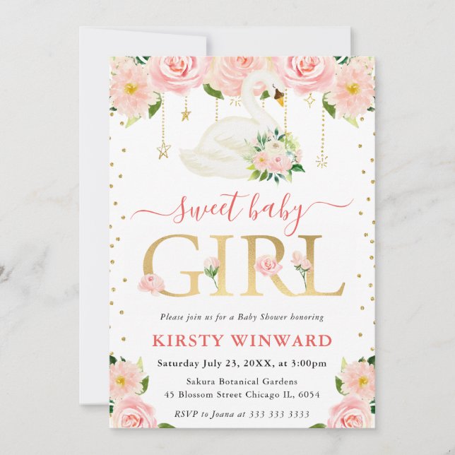 Watercolor Floral Swan Girl Baby Shower Invitation (Front)