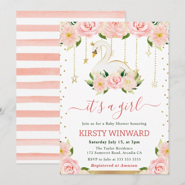 Watercolor Floral Swan Girl Baby Shower Invitation (Front/Back)