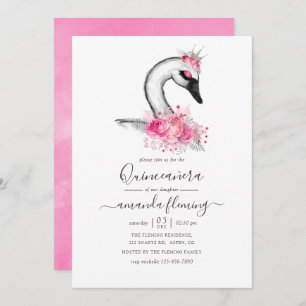 Watercolor Floral Swan Quinceañera Invitation