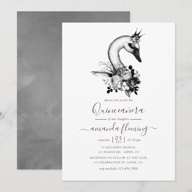 Watercolor Floral Swan Quinceañera Invitation (Front/Back)