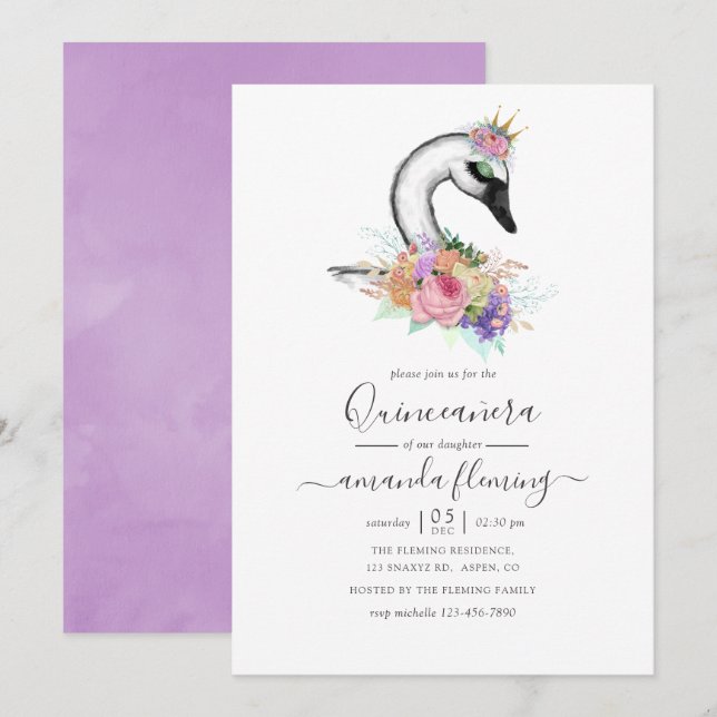 Watercolor Floral Swan Quinceañera Invitation (Front/Back)