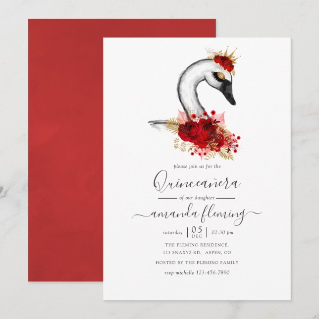 Watercolor Floral Swan Quinceañera Invitation (Front/Back)