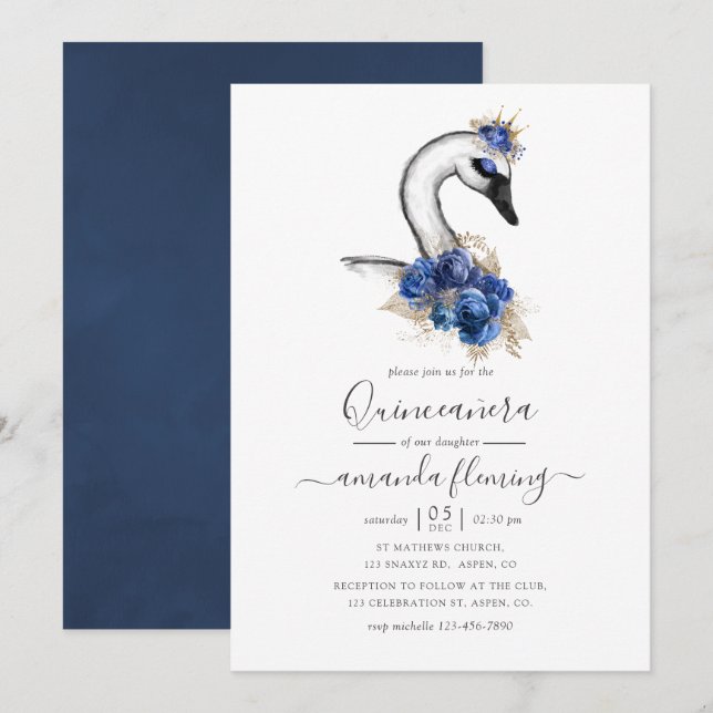 Watercolor Floral Swan Quinceañera Invitation (Front/Back)