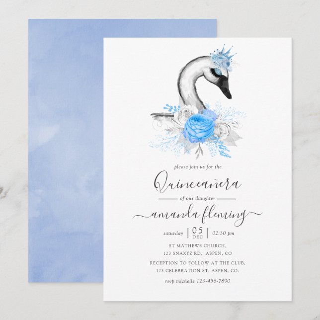Watercolor Floral Swan Quinceañera Invitation (Front/Back)