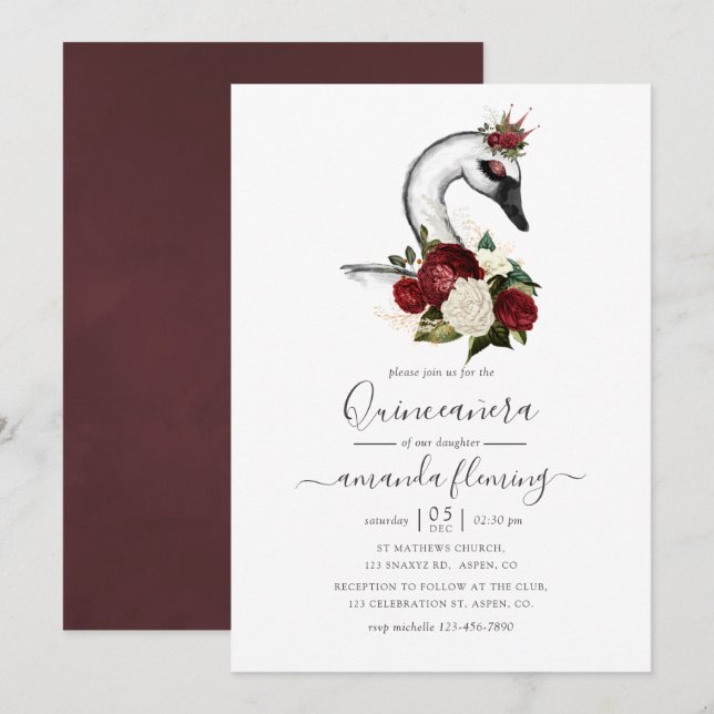 Watercolor Floral Swan Quinceañera Invitation (Front/Back)