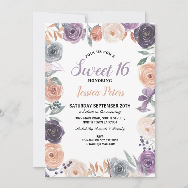 Watercolor Floral Sweet 16 Party Flowers Purple Invitation (Front)