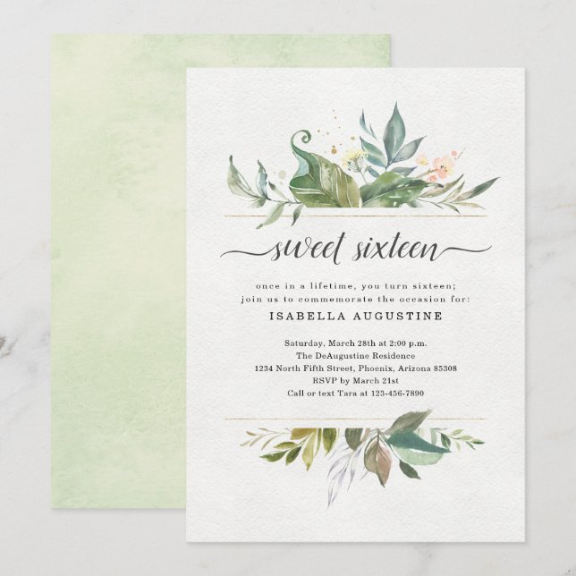 Watercolor Floral Sweet Sixteen Birthday Party Invitation (Front/Back)