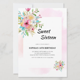 Watercolor Floral Sweet Sixteen with Pink Frame Invitation