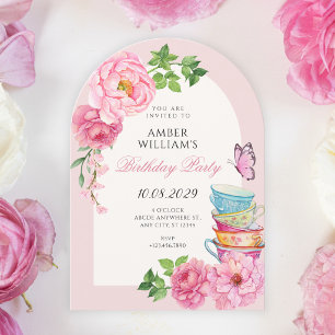 Watercolor floral tea cup birthday invitation