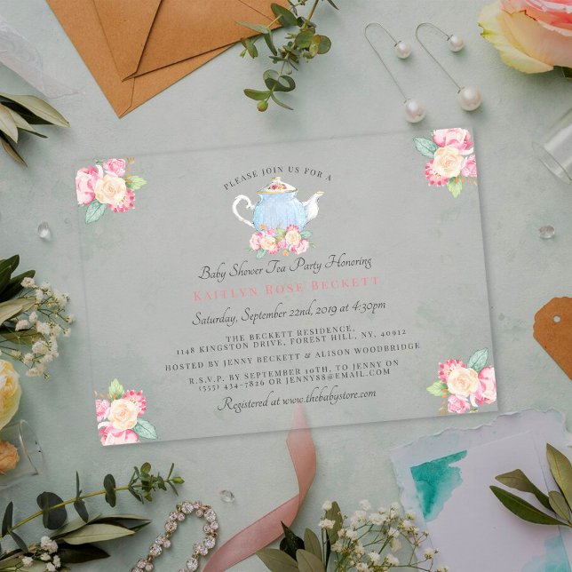 Watercolor Floral Tea Party | Baby Shower Acrylic Invitations (Creator Uploaded)