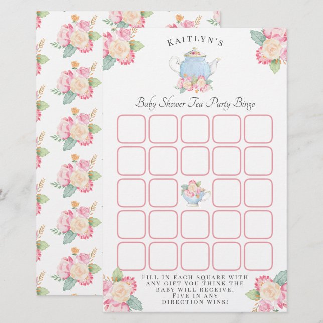 Watercolor Floral Tea Party | Baby Shower Bingo (Front/Back)