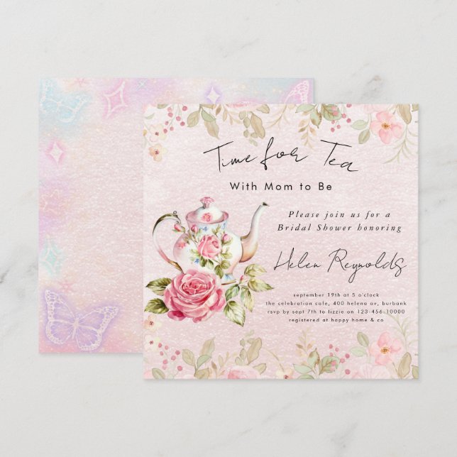 Watercolor Floral Tea Party Baby Shower Invitation (Front/Back)