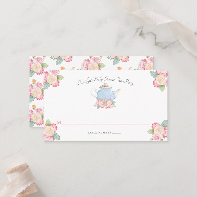 Watercolor Floral Tea Party | Baby Shower Place Card (Front/Back In Situ)