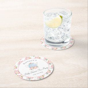 Watercolor Floral Tea Party   Baby Shower Round Paper Coaster