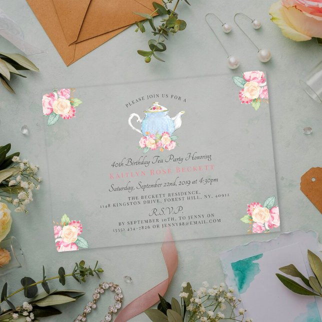 Watercolor Floral Tea Party | Birthday Acrylic Invitations (Creator Uploaded)