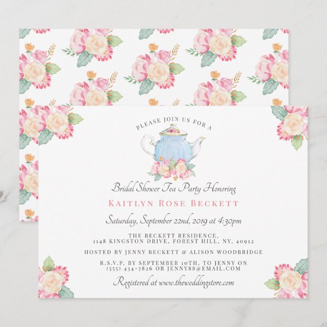 Watercolor Floral Tea Party | Bridal Shower Invitation (Front/Back)
