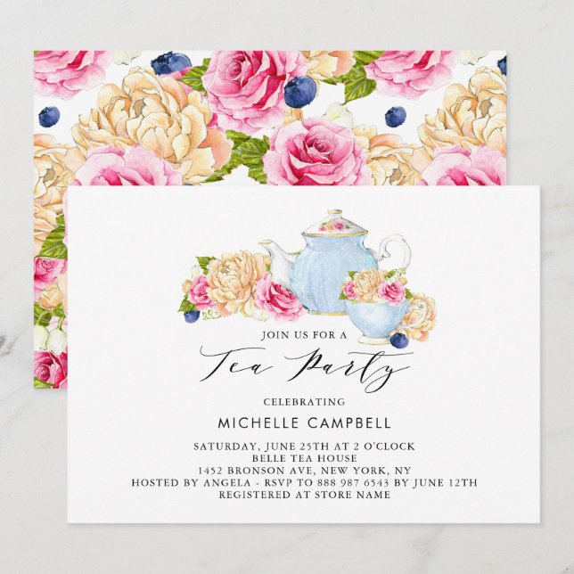 Watercolor Floral Tea Party Invitation (Front/Back)