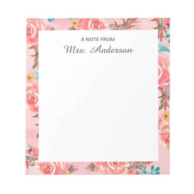 Watercolor Floral Teacher Appreciation Script Name Notepad (Front)