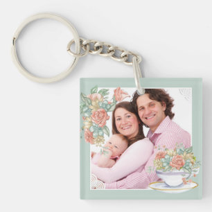 Watercolor Floral Teacup Custom Photo Key Ring
