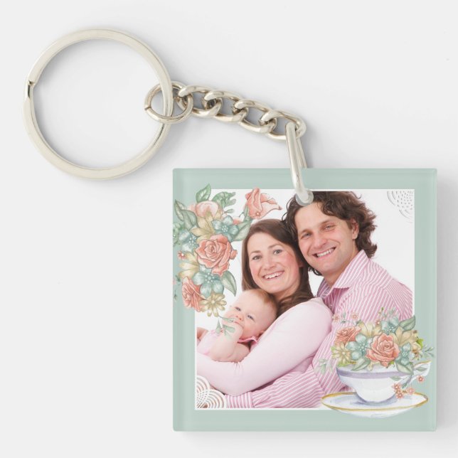 Watercolor Floral Teacup Custom Photo Key Ring (Front)