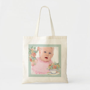 Watercolor Floral Teacup Custom Photo Tote Bag