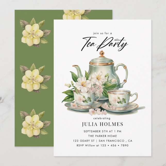 Watercolor Floral Teacup Tea Party Invitation (Front/Back)