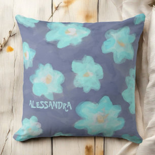 Watercolor floral teal blue monogram wildflowers  cushion