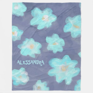 Watercolor floral teal blue monogram wildflowers fleece blanket