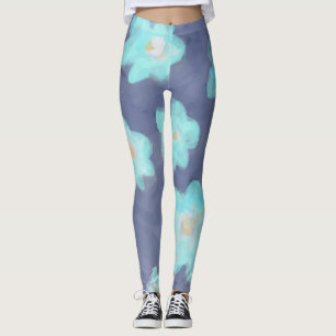 Watercolor floral teal cyan wildflowers navy blue  leggings
