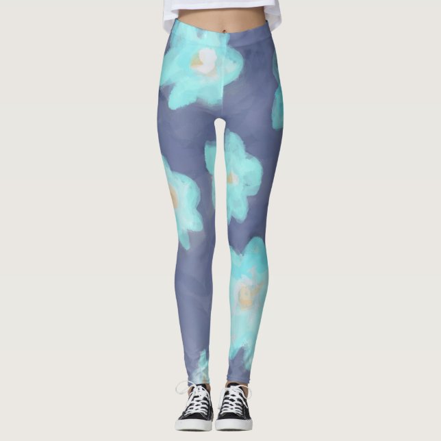 Watercolor floral teal cyan wildflowers navy blue  leggings (Front)