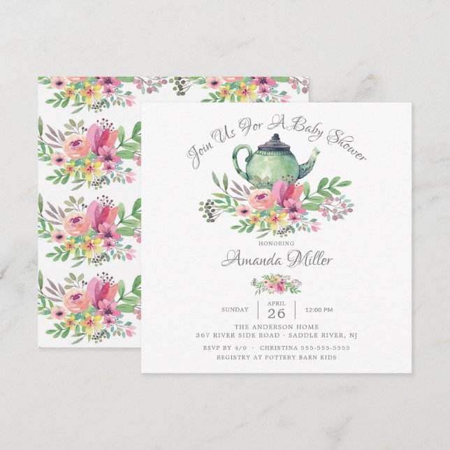 Watercolor Floral Teapot Baby Shower  Invitation (Front/Back)
