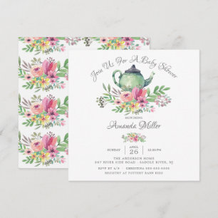 Watercolor Floral Teapot Baby Shower  Invitation