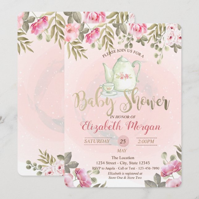 Watercolor Floral Teapot  Baby Shower Invitation (Front/Back)
