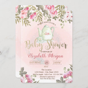 Watercolor Floral Teapot  Baby Shower Invitation